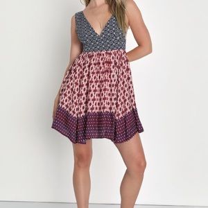 LULUS La Vie en Roses Navy Blue and Red Floral Print Dress